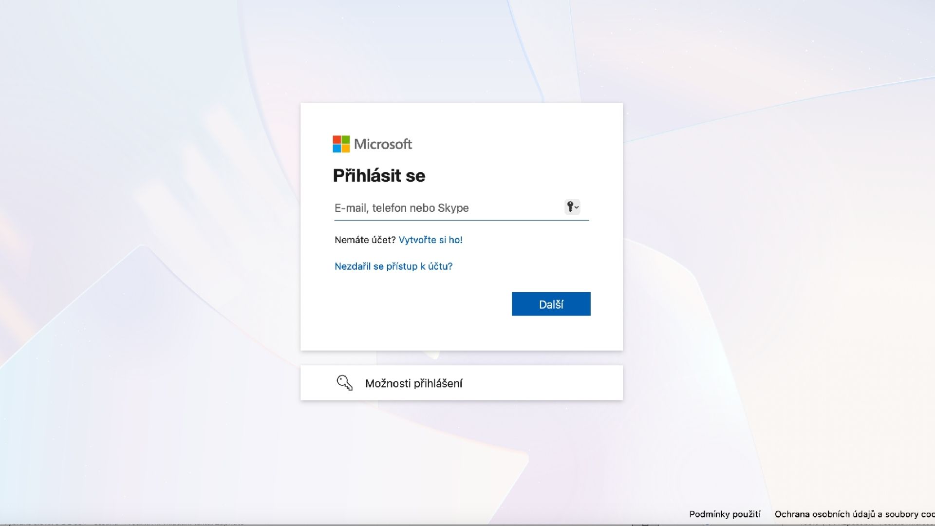 Přihlašovací obrazovka Microsoft Teams