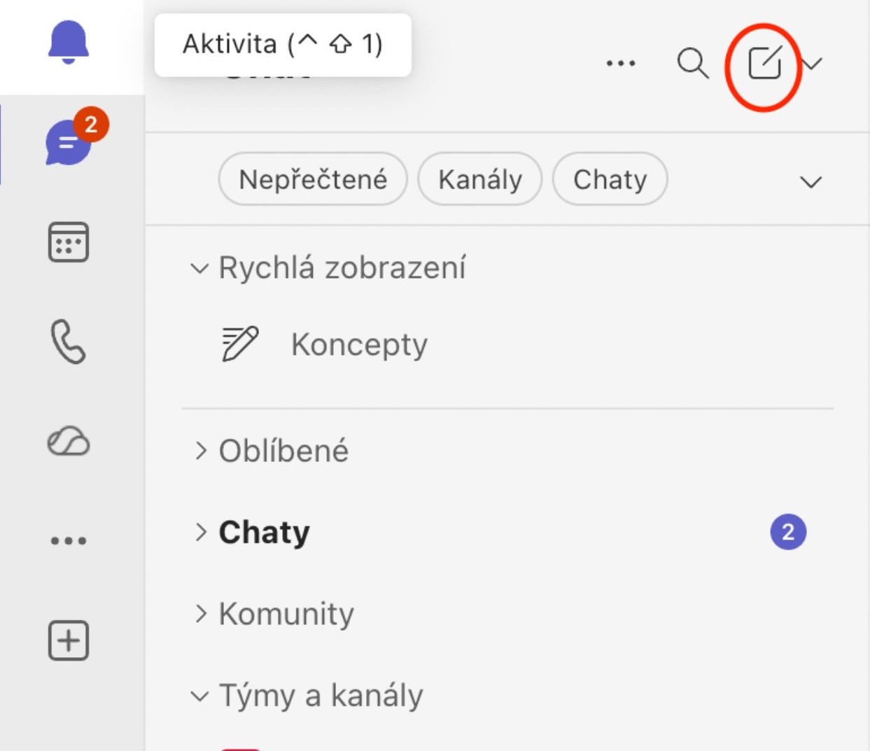 Nabídka Chatu v aplikaci Microsoft Teams